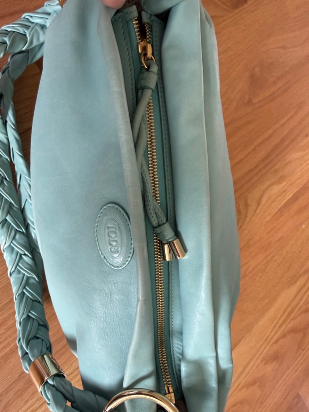 Tod's Mint Blue Leather Shoulder Bag with Braided Strap - Picture 5 of 9